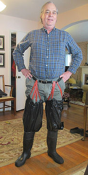 Lawrence suits up in his garbage bag leggings